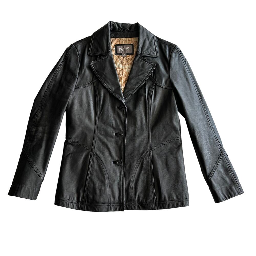 Wilsons Leather VTG Y2K Structured Quilted Lining Button Blazer Black Jacket M